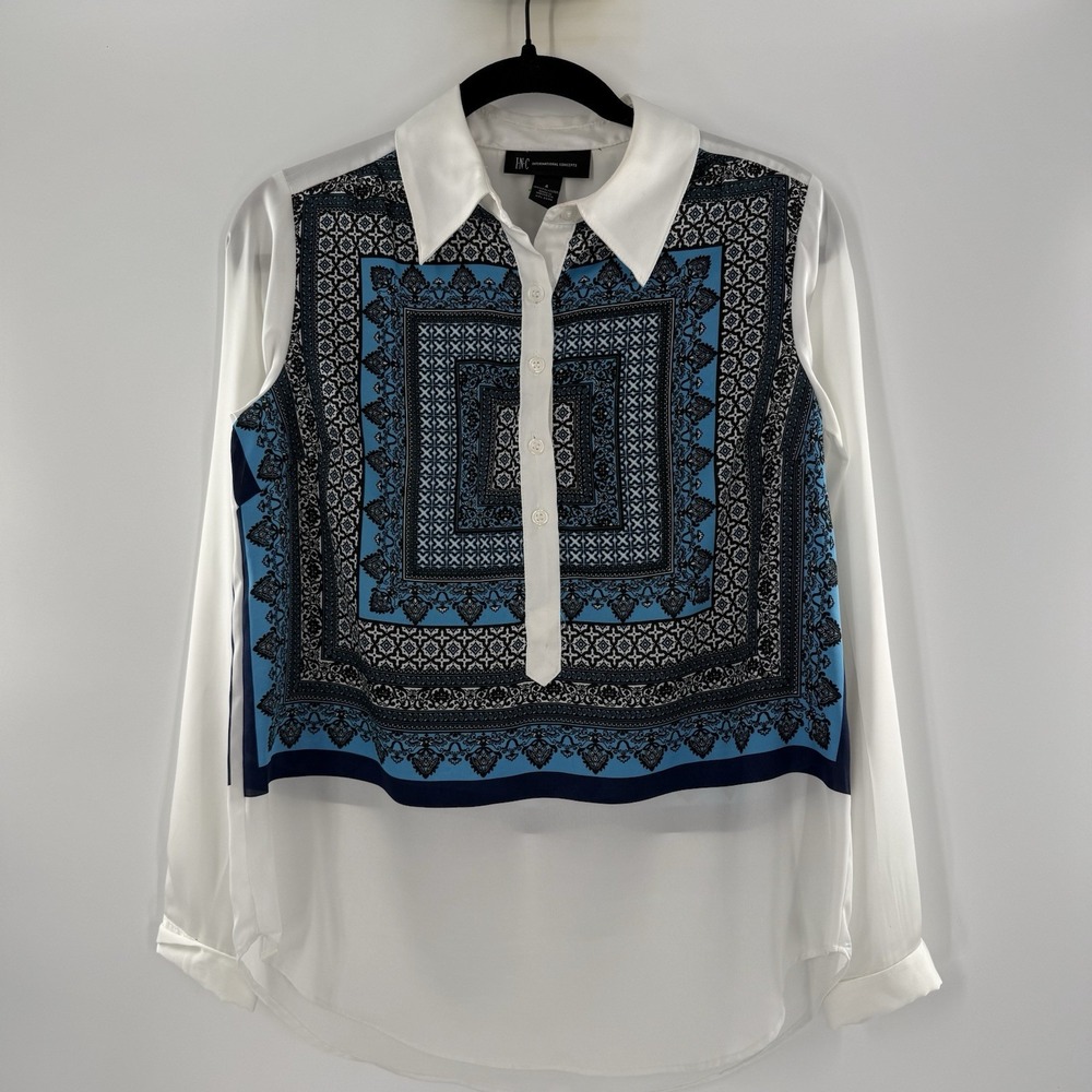 INC  White & Blue Long Sleeve Printed Henley Blouse Top 4